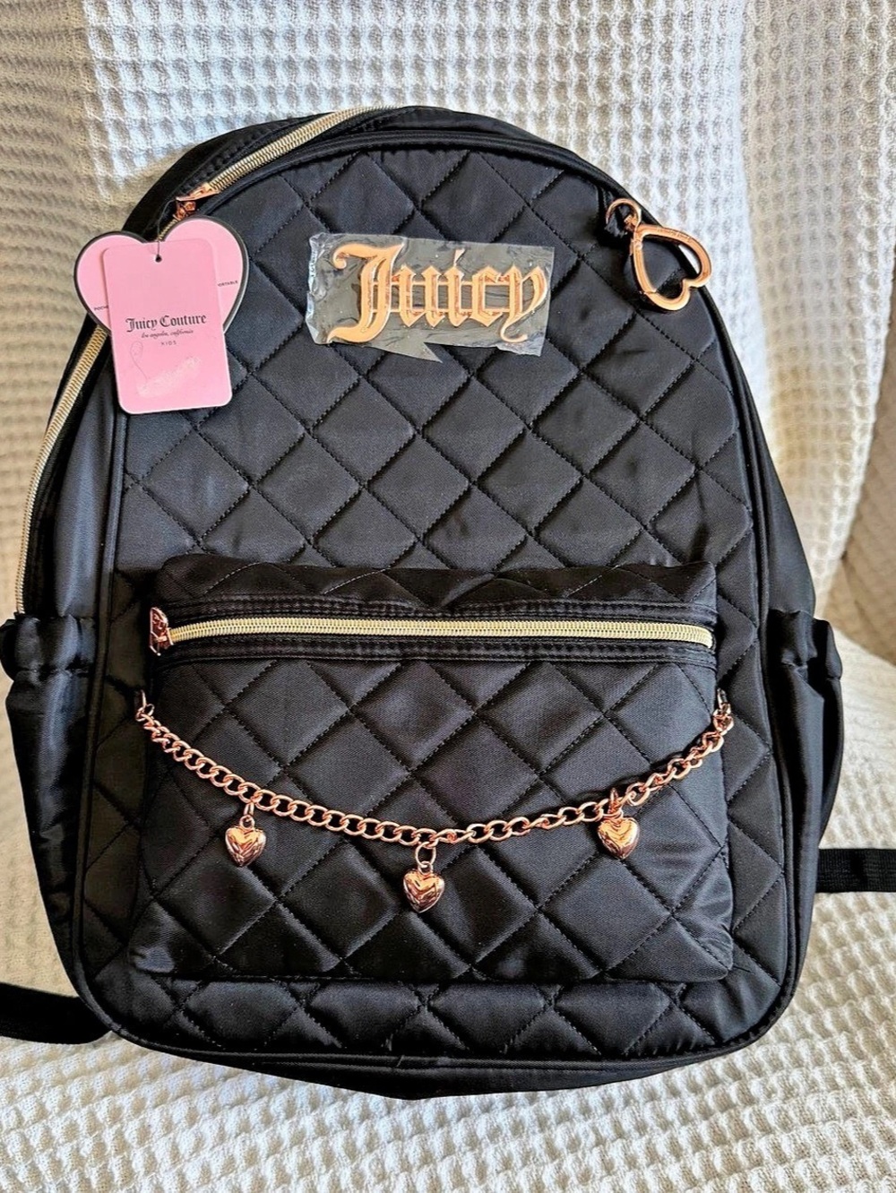 Juicy Couture Black Quilted Backpack with Heart Chain
